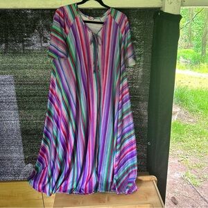 Vintage Multi Color Vertical Stripe Short Sleeve Dress with Zipper and Tie